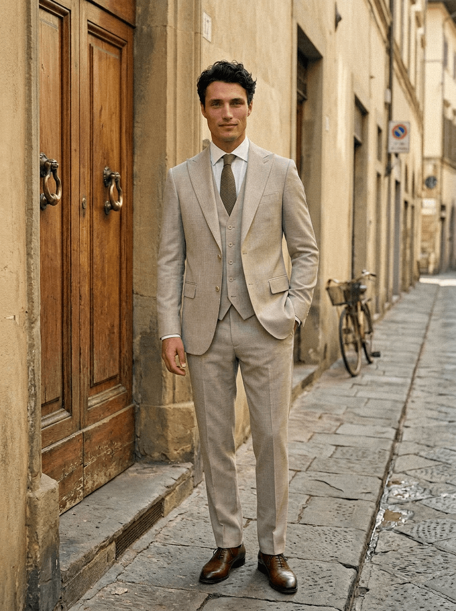 Location costume mariage beige 3 pièces à Clermont-Ferrand - Le Vestiaire Blatin