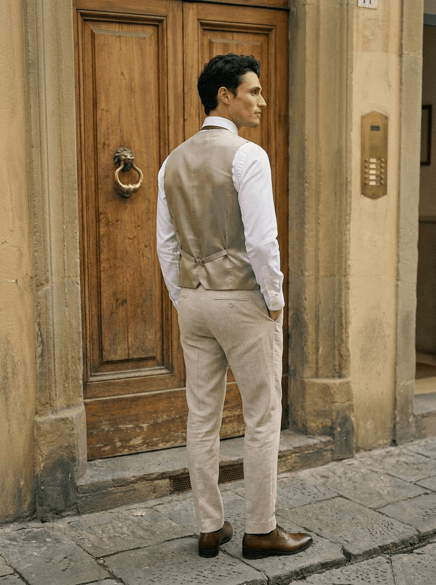 Détail costume beige 3 pièces — gilet et boutonnage