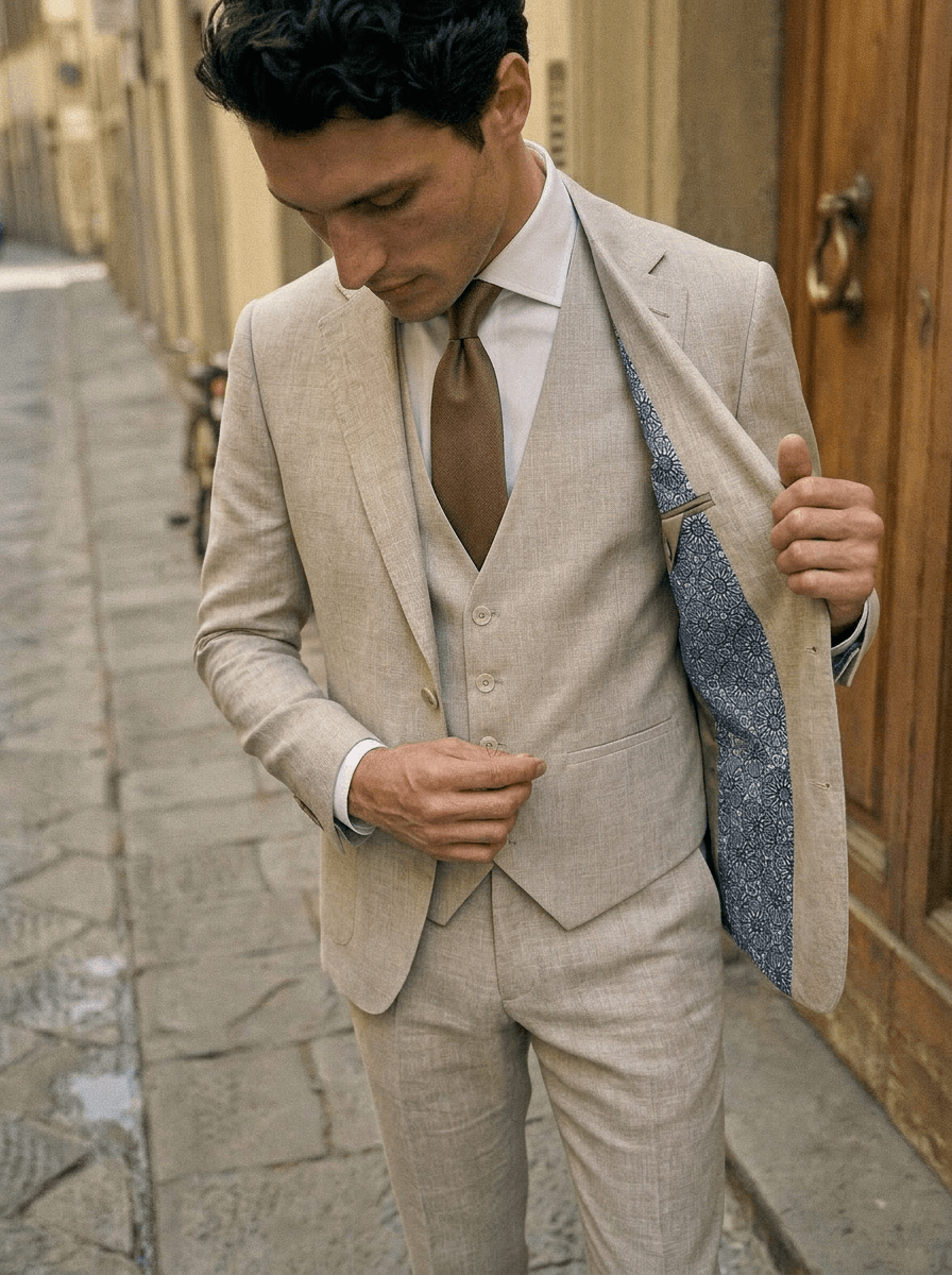 Détail costume beige 3 pièces — veste ouverte avec doublure