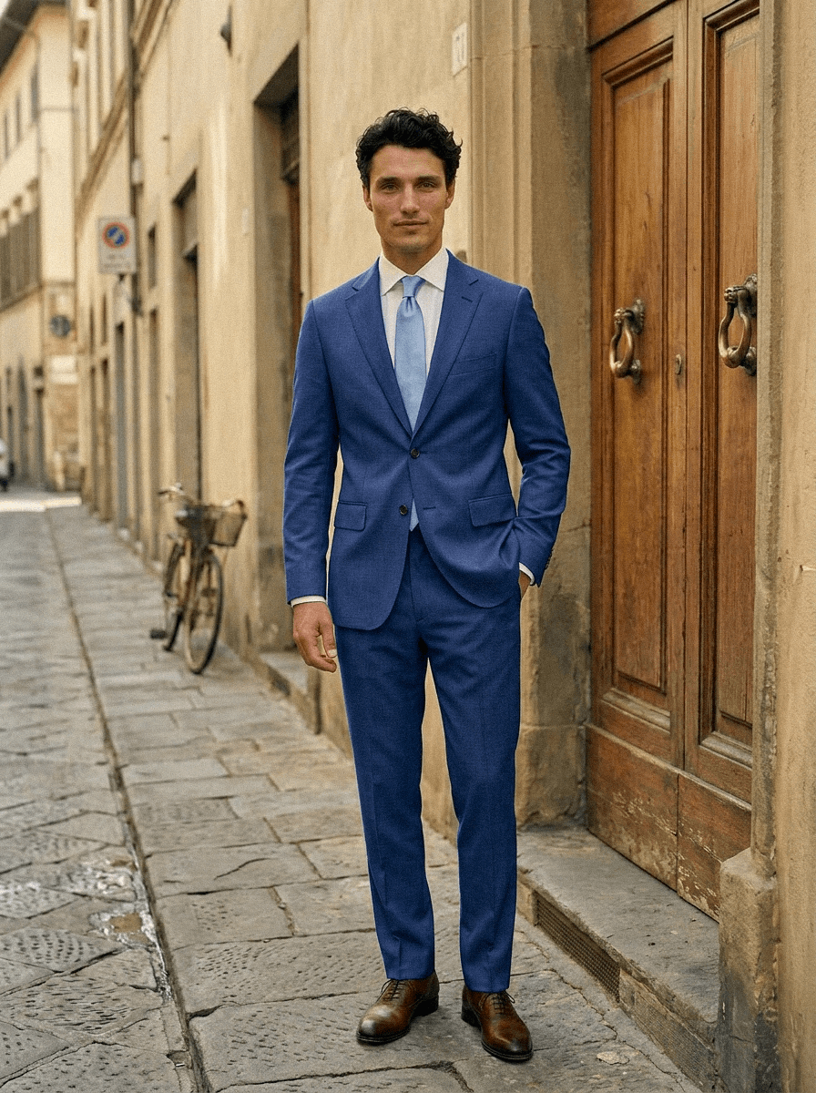 Location costume mariage bleu à Clermont-Ferrand - Le Vestiaire Blatin