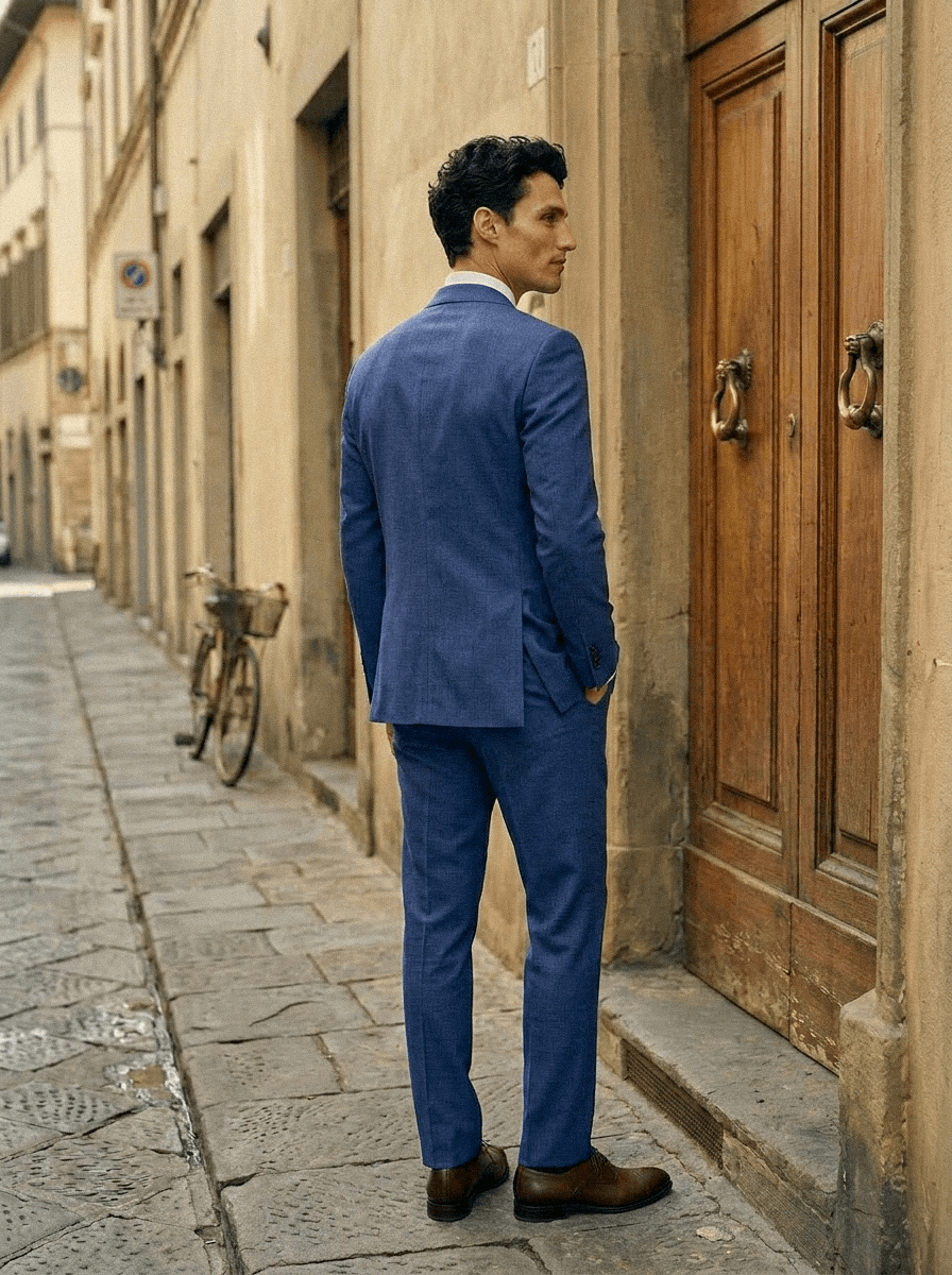Costume bleu de dos