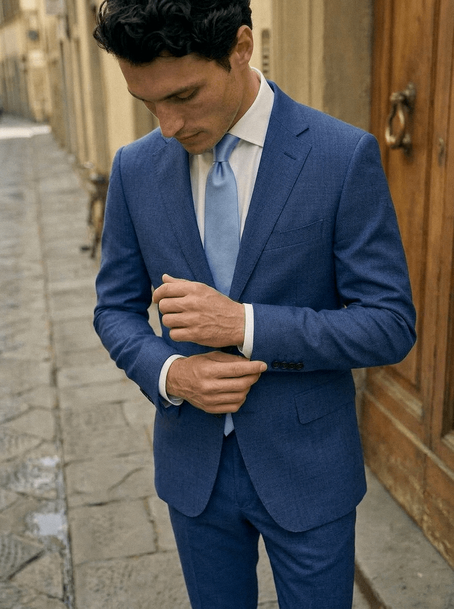 Détail veste costume bleu