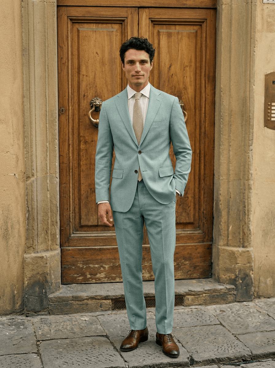 Location costume mariage vert sauge à Clermont-Ferrand - Le Vestiaire Blatin