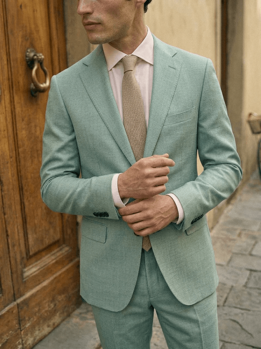 Détail veste costume sauge