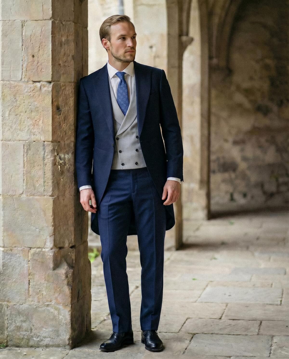 Jaquette de location bleu marine avec gilet gris — Le Vestiaire Blatin